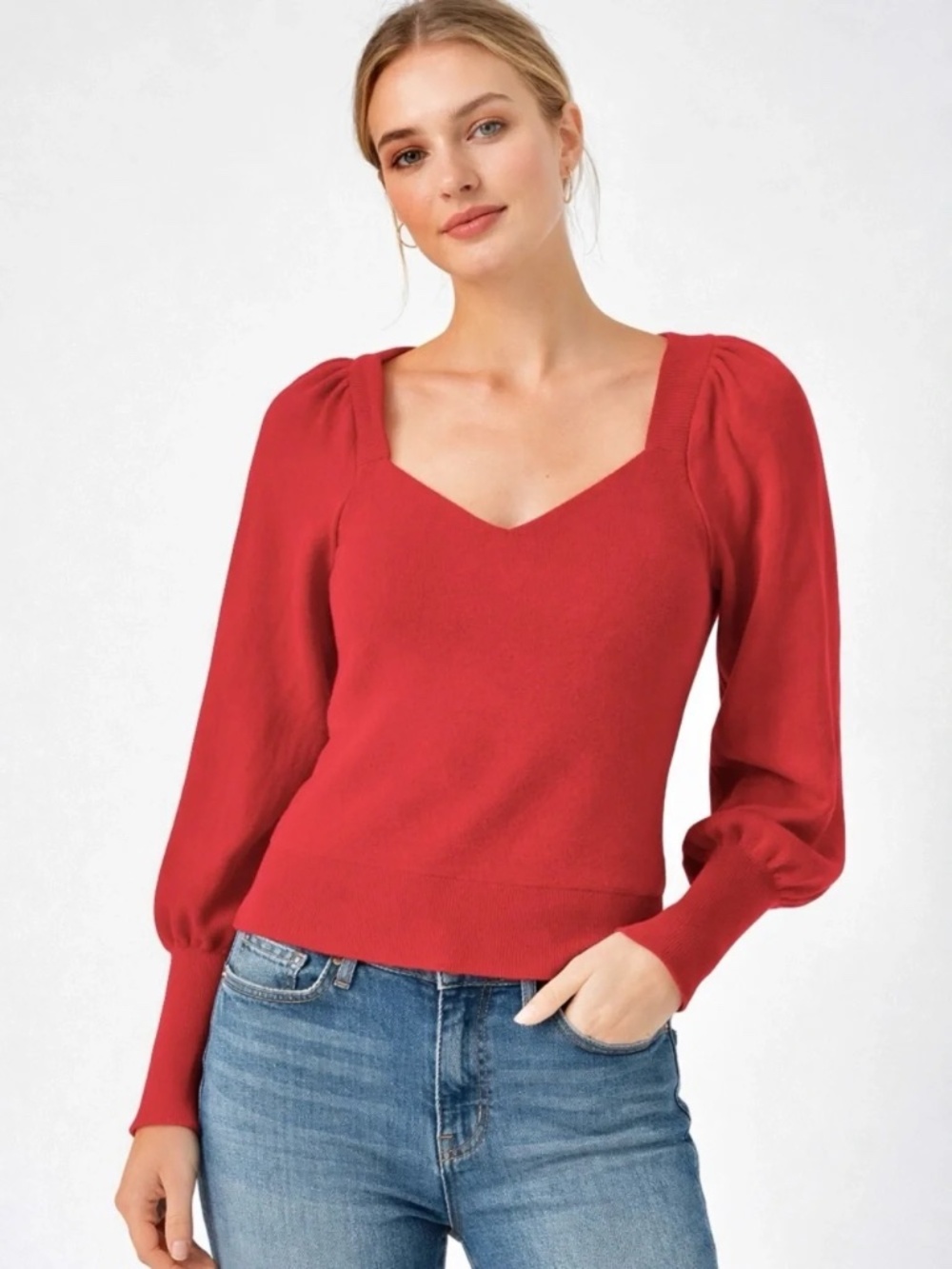 Anthropologie Red Double V-Neck Puff Sleeve Sweater Size L